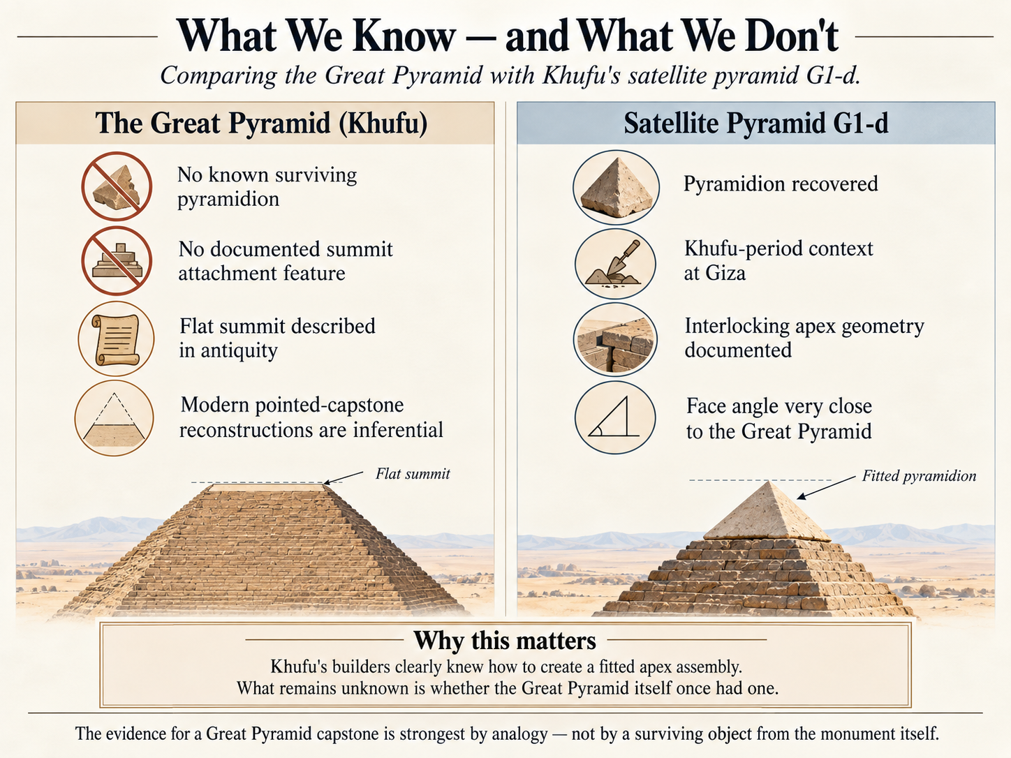 Comparison of the Great Pyramid's summit evidence against Khufu's satellite pyramid G1-d, showing no known pyramidion or attachment feature on the Great Pyramid versus a recovered pyramidion and documented interlocking geometry on G1-d.